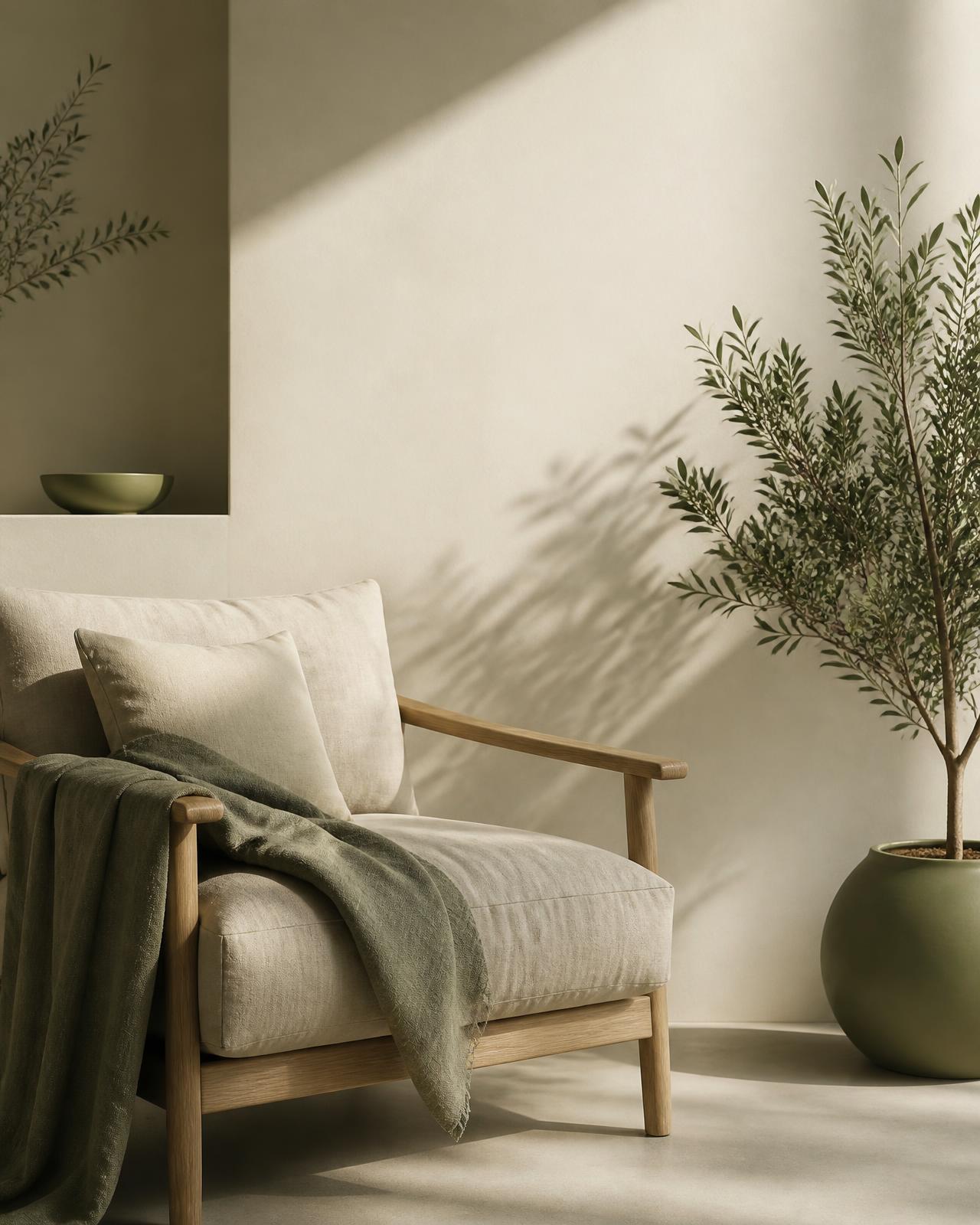 Rincón sereno con luz natural, un sillón de lino y una planta